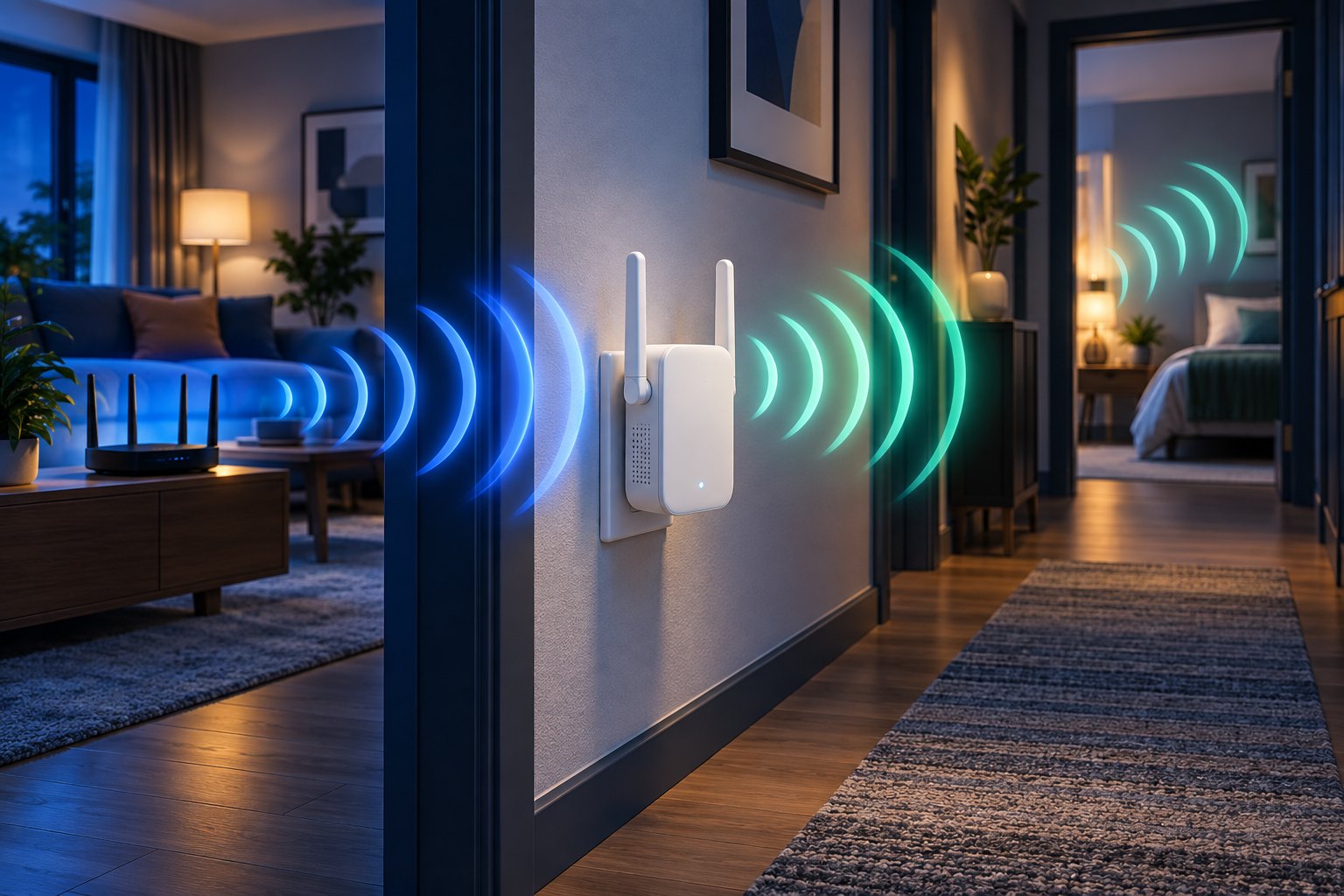 廊下のコンセントに設置したWi-Fi中継器が奥の部屋へ電波を届けるイメージ