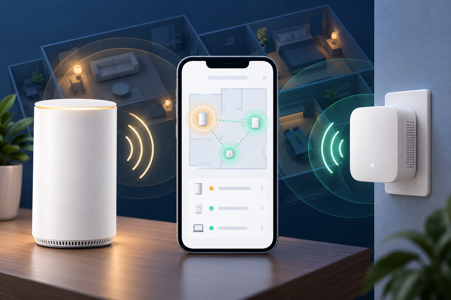 スマートフォンのアプリでルーターとWi-Fi中継器をつなぐイメージ